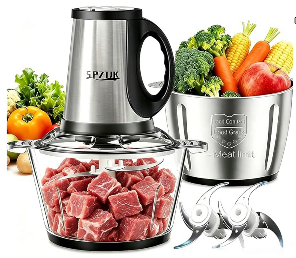 SPZTJK 3-Speed Electric Food Processor: Meat Grinder, Vegetable Chopper & Baby Food Maker - 300W, 2 Bowls (8 Cup Stainless Steel+8 Cup Glass), Quiet Operation