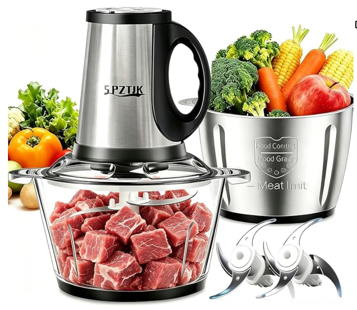 SPZTJK 3-Speed Electric Food Processor: Meat Grinder, Vegetable Chopper & Baby Food Maker - 300W, 2 Bowls (8 Cup Stainless Steel+8 Cup Glass), Quiet Operation