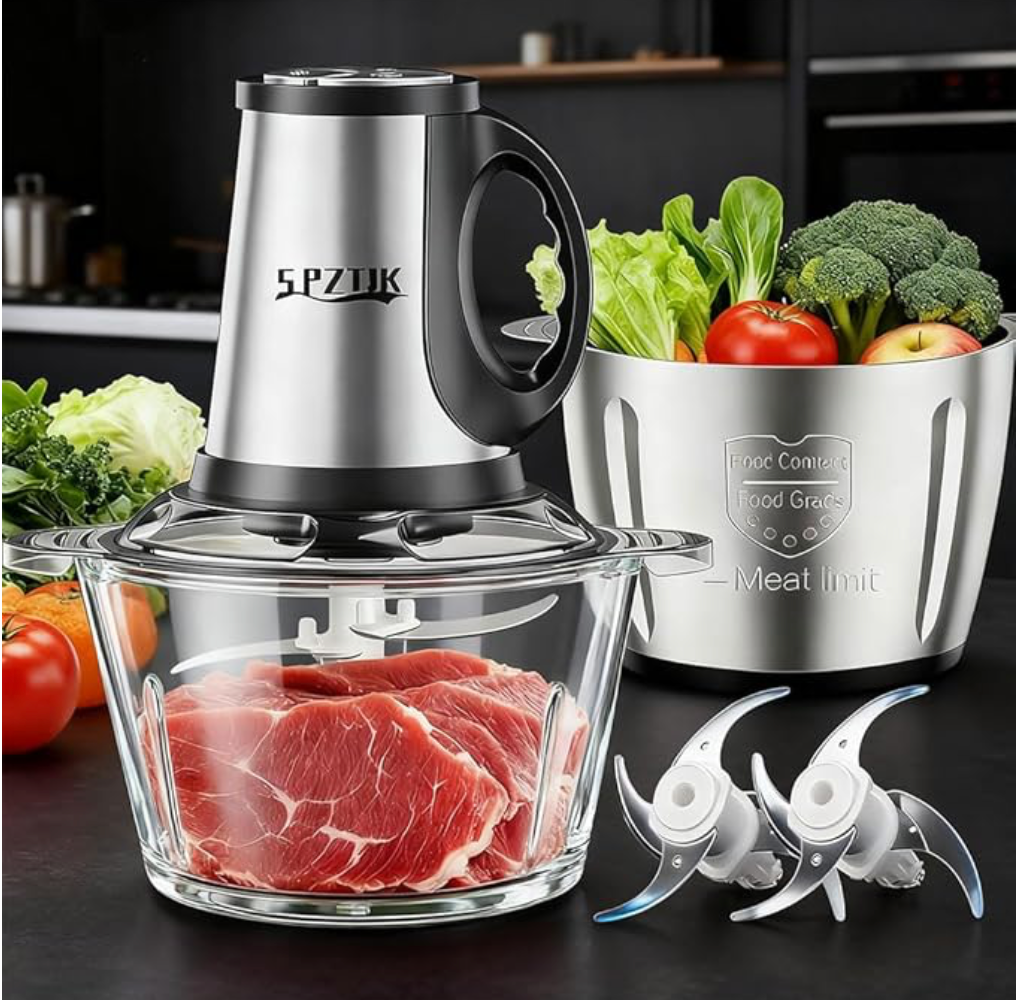 SPZTJK 3-Speed Electric Food Processor: Meat Grinder, Vegetable Chopper & Baby Food Maker - 300W, 2 Bowls (8 Cup Stainless Steel+8 Cup Glass), Quiet Operation