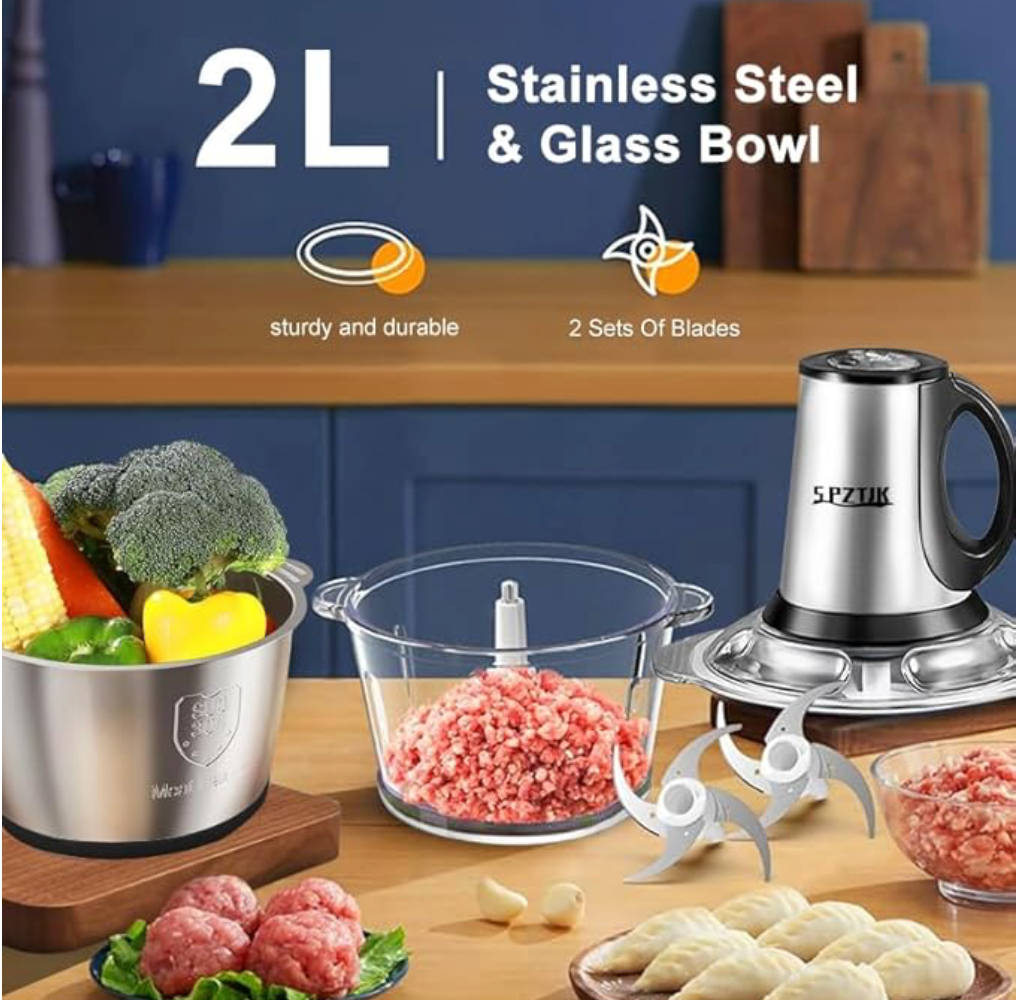 SPZTJK 3-Speed Electric Food Processor: Meat Grinder, Vegetable Chopper & Baby Food Maker - 300W, 2 Bowls (8 Cup Stainless Steel+8 Cup Glass), Quiet Operation