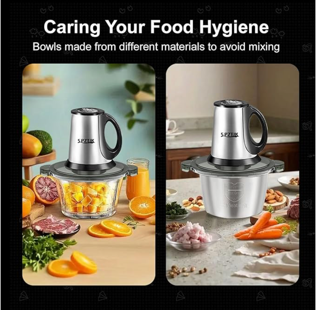 SPZTJK 3-Speed Electric Food Processor: Meat Grinder, Vegetable Chopper & Baby Food Maker - 300W, 2 Bowls (8 Cup Stainless Steel+8 Cup Glass), Quiet Operation
