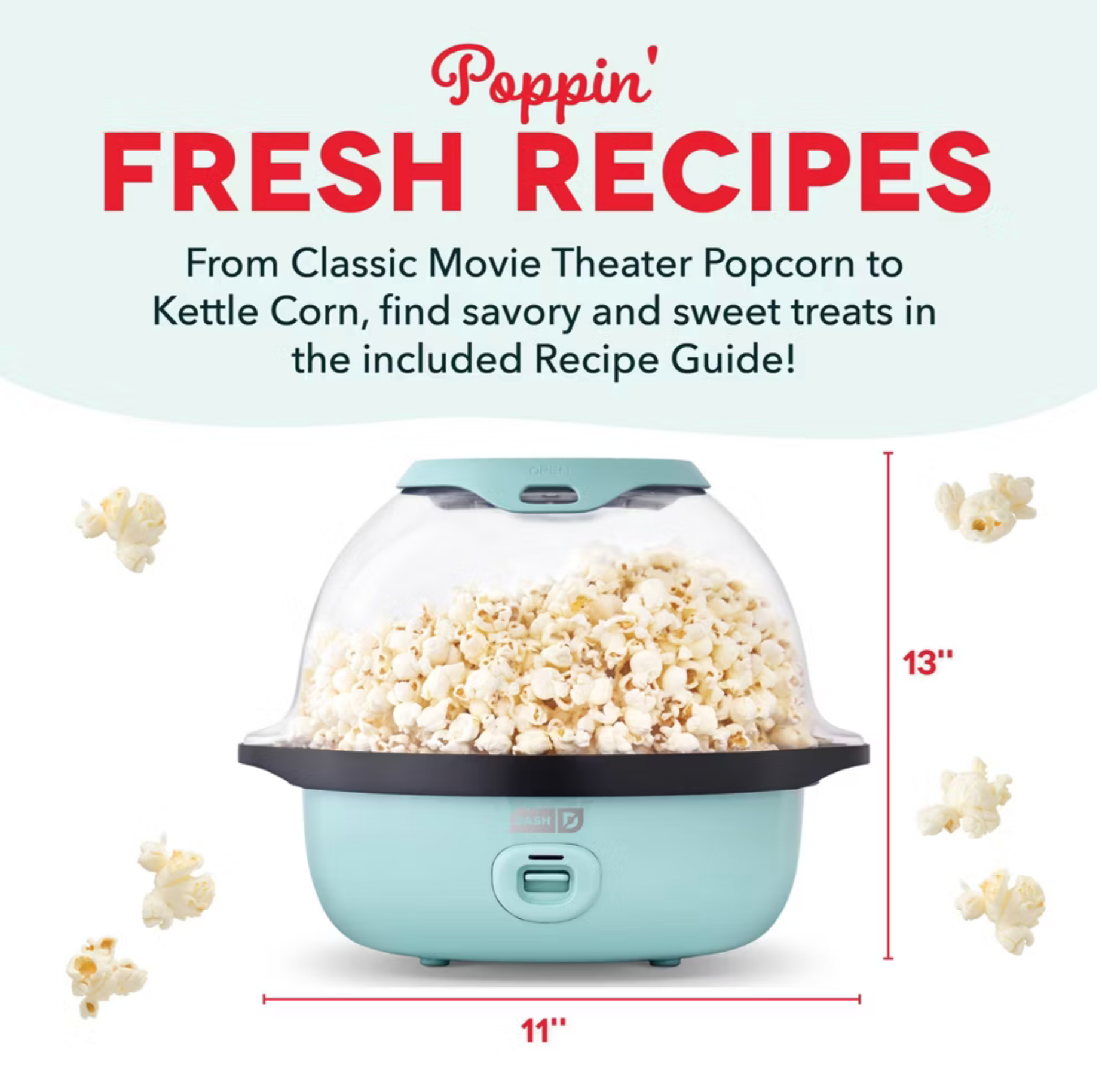 Dash 6qt SmartStore Stirring Popcorn Maker - Aqua: Electric Popcorn Popper, 850W, Hand Wash
