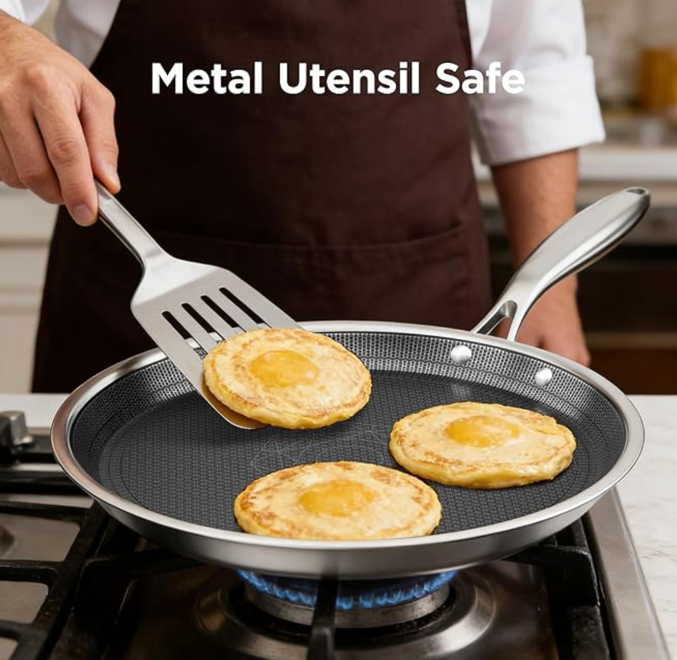 COOKER KING 9.5" Round Griddle Pan, 3-Ply Hybrid Stainless Steel Crepe Pan with Stay-Cool Handle, Non Stick & Non Toxic for Pancake, Eggs, All Stovetop & Induction Compatible, Oven & Dishwasher Safe