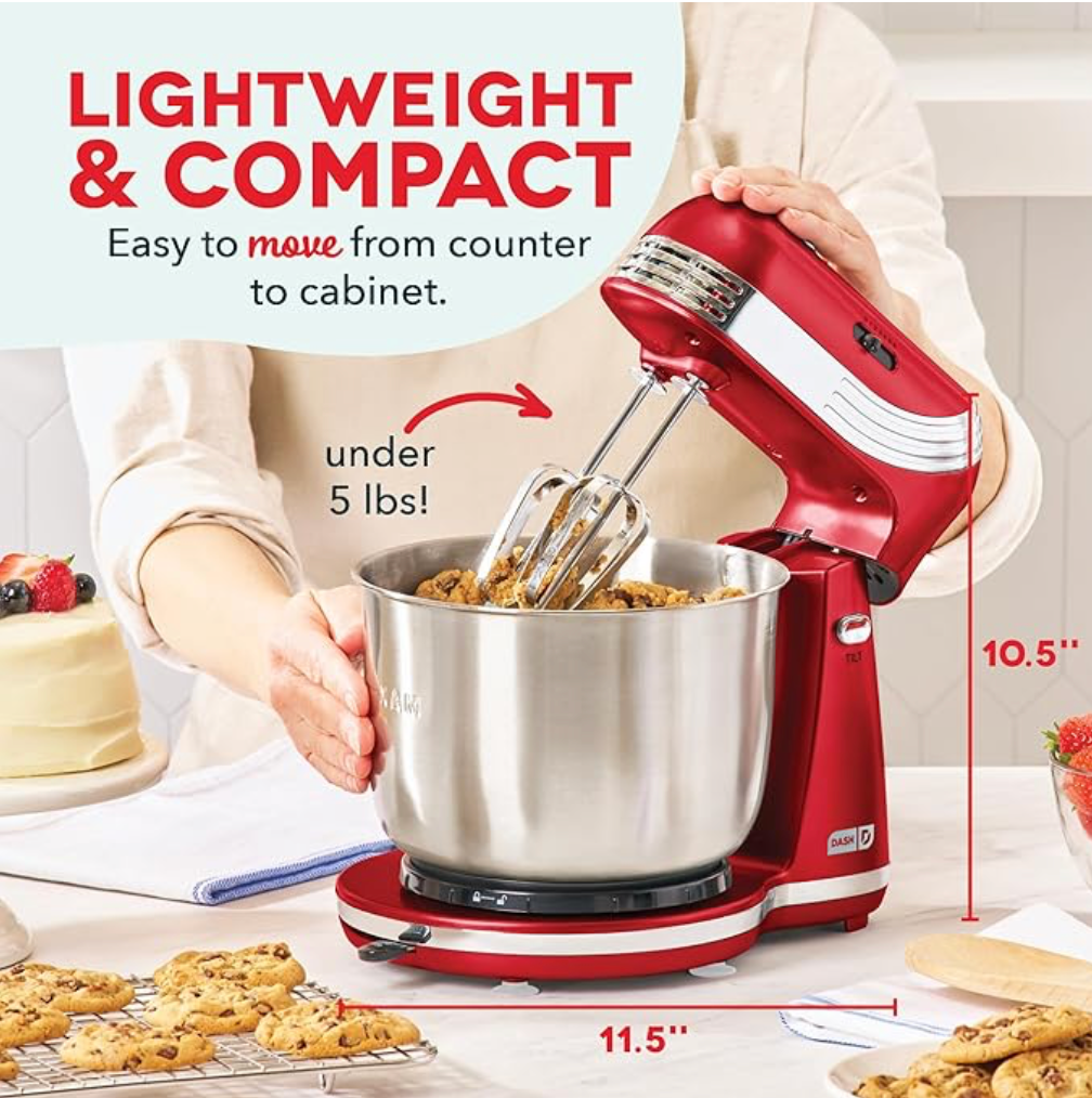Dash Everyday Stand Mixer - Compact Tilt-Head Stand Mixer for Everyday Recipes - 6-Speed Power with Stainless Steel Bowl - Red, 3-Quart