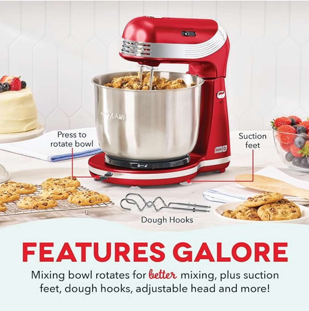 Dash Everyday Stand Mixer - Compact Tilt-Head Stand Mixer for Everyday Recipes - 6-Speed Power with Stainless Steel Bowl - Red, 3-Quart