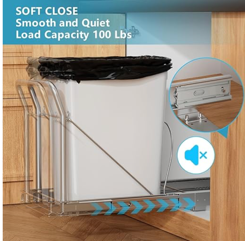 Pull Out Trash Can Under Cabinet with Soft-Close Slides，Heavy Duty Slide Out Under Sink Garbage Can for Kitchen，Adjustable Tail Groove for Can，Requires 13" W X 18" D Cabinets,(Not Included Trash Can)