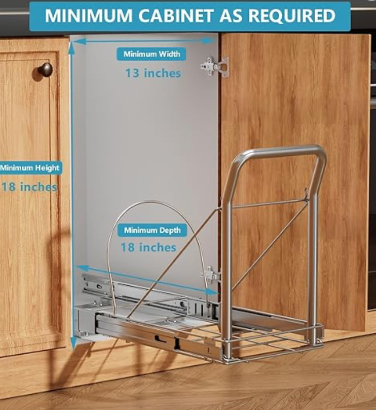 Pull Out Trash Can Under Cabinet with Soft-Close Slides，Heavy Duty Slide Out Under Sink Garbage Can for Kitchen，Adjustable Tail Groove for Can，Requires 13" W X 18" D Cabinets,(Not Included Trash Can)