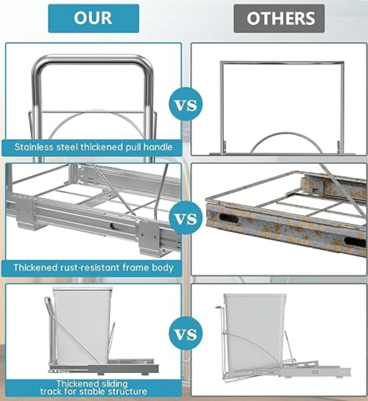 Pull Out Trash Can Under Cabinet with Soft-Close Slides，Heavy Duty Slide Out Under Sink Garbage Can for Kitchen，Adjustable Tail Groove for Can，Requires 13" W X 18" D Cabinets,(Not Included Trash Can)