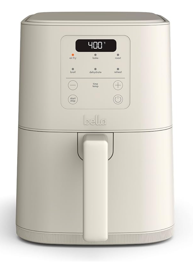 bella 4Qt Slim Air Fryer, Fits-anywhere™ Kitchenware, EverGood™ Ceramic Nonstick Coating, Adjustable Temperature, 6 Preset Cooking Options, 60 Min Auto Shutoff w Audible Tone, 3.3lb Capacity, Oatmilk