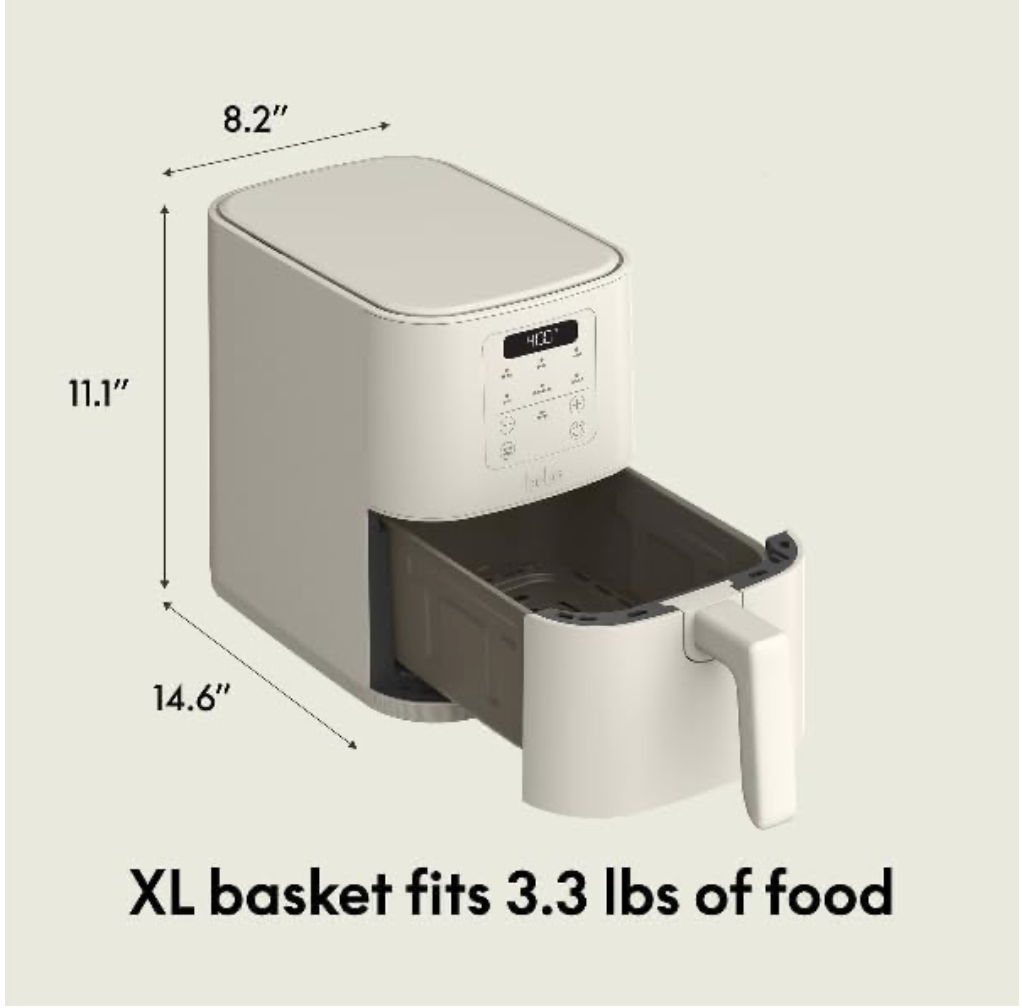 bella 4Qt Slim Air Fryer, Fits-anywhere™ Kitchenware, EverGood™ Ceramic Nonstick Coating, Adjustable Temperature, 6 Preset Cooking Options, 60 Min Auto Shutoff w Audible Tone, 3.3lb Capacity, Oatmilk