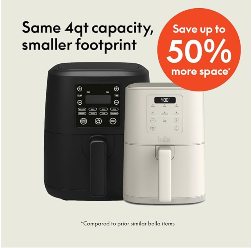 bella 4Qt Slim Air Fryer, Fits-anywhere™ Kitchenware, EverGood™ Ceramic Nonstick Coating, Adjustable Temperature, 6 Preset Cooking Options, 60 Min Auto Shutoff w Audible Tone, 3.3lb Capacity, Oatmilk
