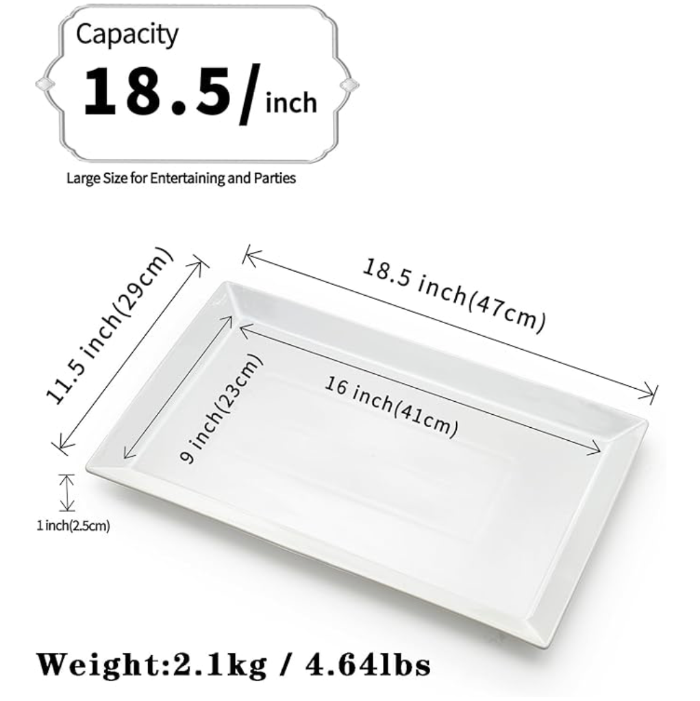MIECOO Large Serving Platter, 18.5" x 11.5" White Serving Tray, Rectangular Porcelain Plate for Party, Wedding, Birthday, Entertaining, Food, Appetizer, Fruit, Sushi, Dessert