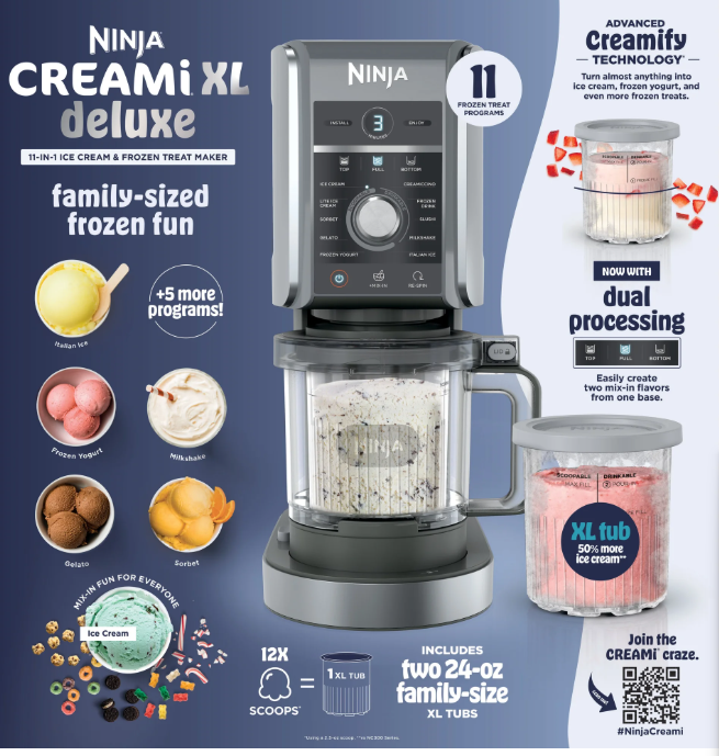 Ninja CREAMi Deluxe XL Ice Cream Maker, Sorbet, Milkshakes, Frozen Yogurt, & More, 11 One-Touch Programs, (2) 24 Oz Family-Sized Tubs & Lids, NC501 Stone Silver