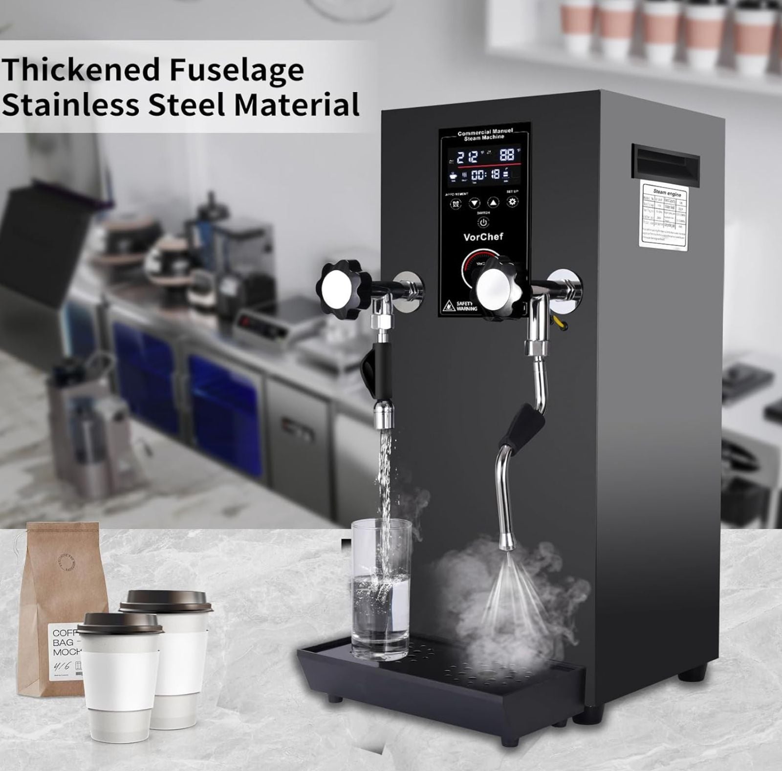 Commercial Milk Frother, 110V 2500W Automatic Steam Boiling Water Machine, Electric Steam Milk Foam Machine with LED Display for Shop Coffee Tea