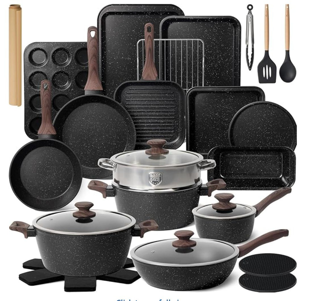 Kikcoin Pots and Pans Set Non Stick 31 Piece Kitchen Nonstick Cooking Cookware Sets with Grill Pan Saucepan Baking Sheet Utensil, Black