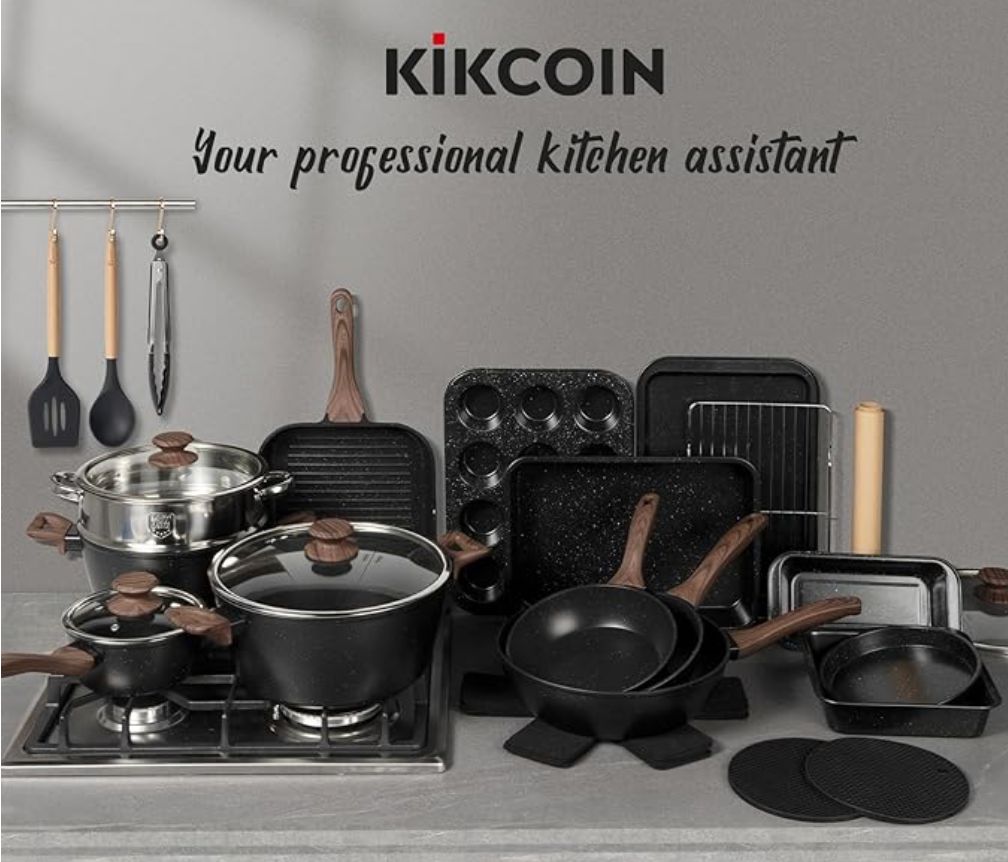 Kikcoin Pots and Pans Set Non Stick 31 Piece Kitchen Nonstick Cooking Cookware Sets with Grill Pan Saucepan Baking Sheet Utensil, Black