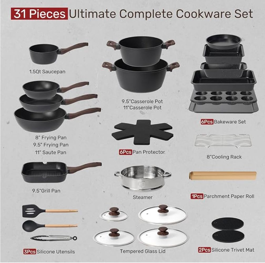 Kikcoin Pots and Pans Set Non Stick 31 Piece Kitchen Nonstick Cooking Cookware Sets with Grill Pan Saucepan Baking Sheet Utensil, Black