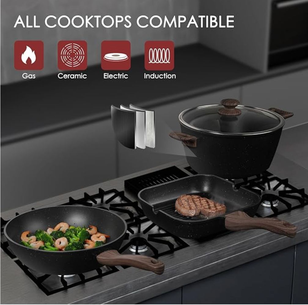 Kikcoin Pots and Pans Set Non Stick 31 Piece Kitchen Nonstick Cooking Cookware Sets with Grill Pan Saucepan Baking Sheet Utensil, Black