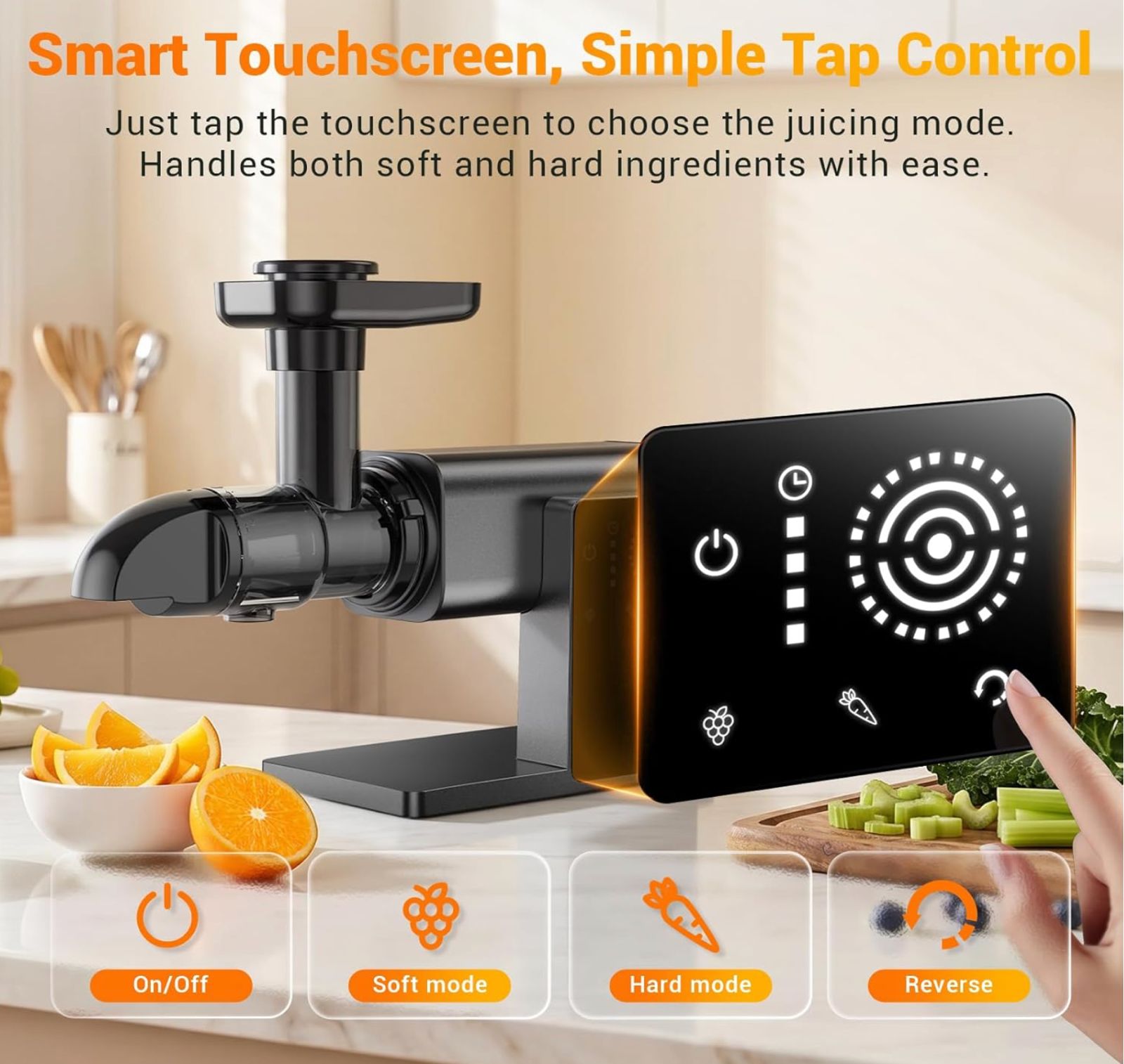 Cold Press Juicer Machines, Slow Masticating Juicers with LED Smart Touch Screen, Professional Extractor for Leafy Greens, Kale & Fibrous Vegetables, 2 Modes & Reverse, BPA-Free