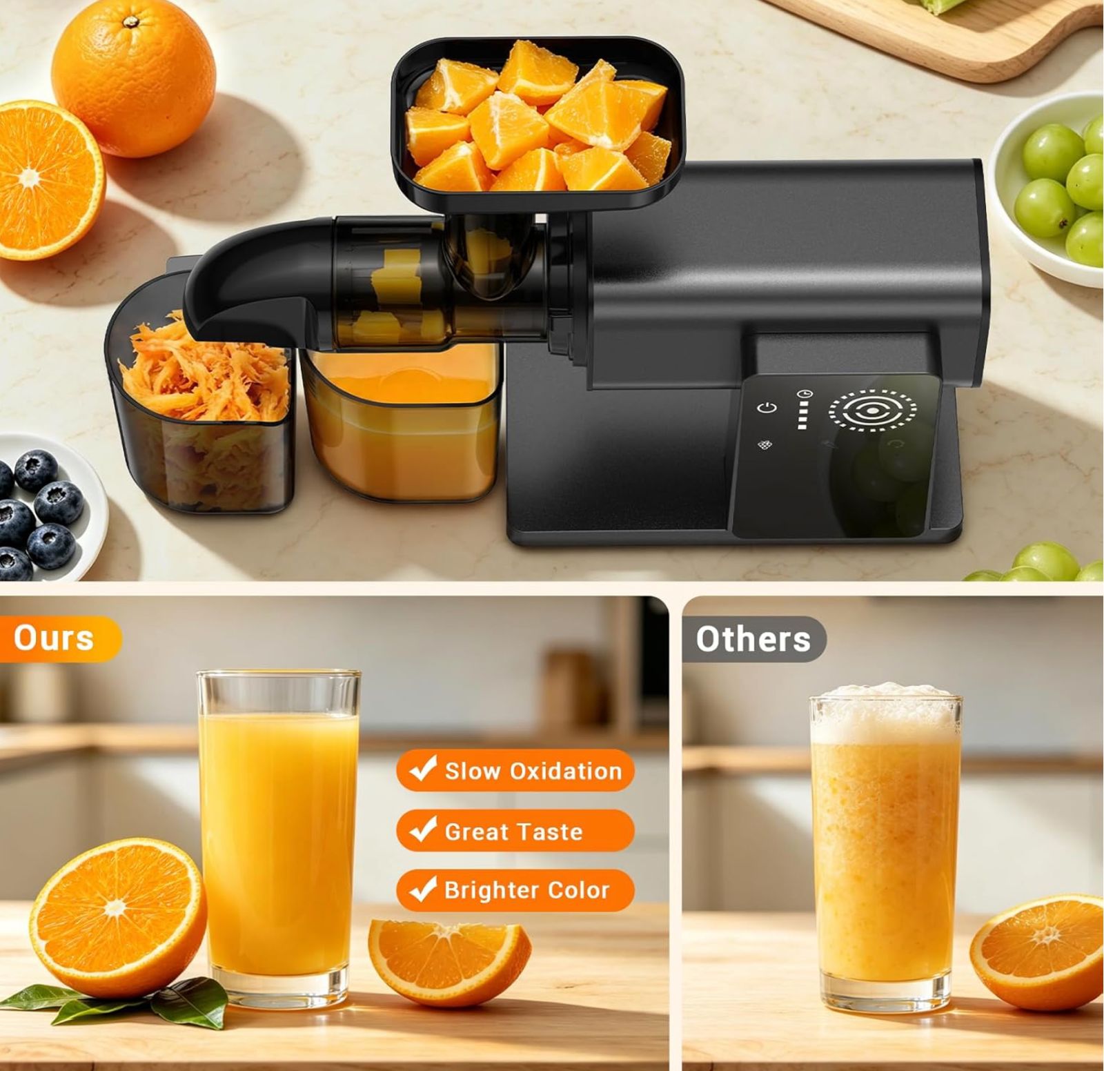 Cold Press Juicer Machines, Slow Masticating Juicers with LED Smart Touch Screen, Professional Extractor for Leafy Greens, Kale & Fibrous Vegetables, 2 Modes & Reverse, BPA-Free
