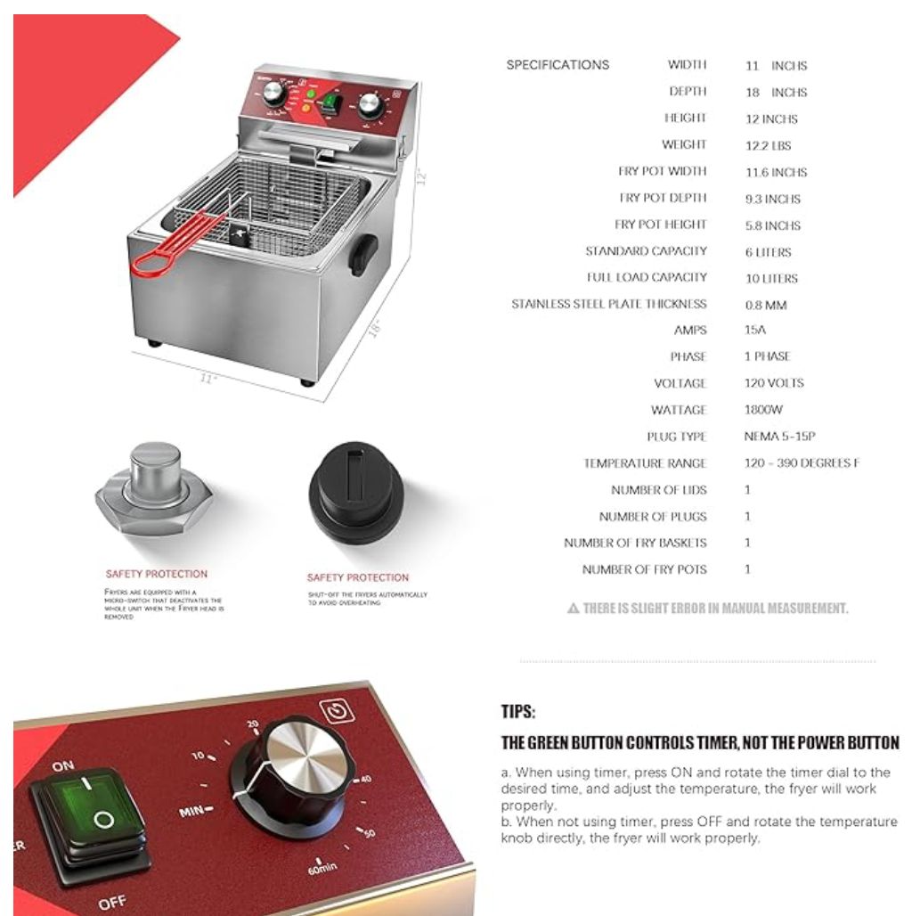 EGGKITPO Electric Deep fryer Single Tank Deep Fryer with Basket Capacity 10L(10.5QT) Electric Countertop Fryers with 60 Minute Timer for Home Kitchen and Restaurant, 1800 Watts, 120V