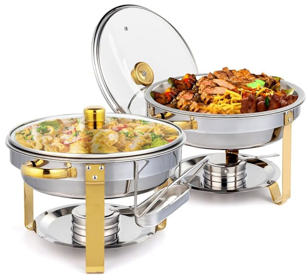ROVSUN 5QT 2 Packs Chafing Dish Buffet Set Gold Accent, NSF Round Stainless Steel Buffet Warmer Chafers and Buffet Warmers Sets with Glass Lid & Lid Holder for Catering Events Parties Weddings Dinners
