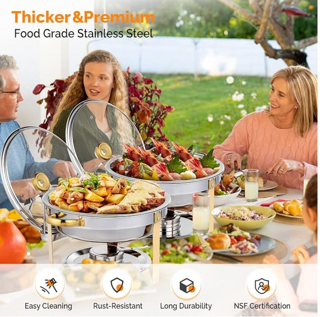 ROVSUN 5QT 2 Packs Chafing Dish Buffet Set Gold Accent, NSF Round Stainless Steel Buffet Warmer Chafers and Buffet Warmers Sets with Glass Lid & Lid Holder for Catering Events Parties Weddings Dinners