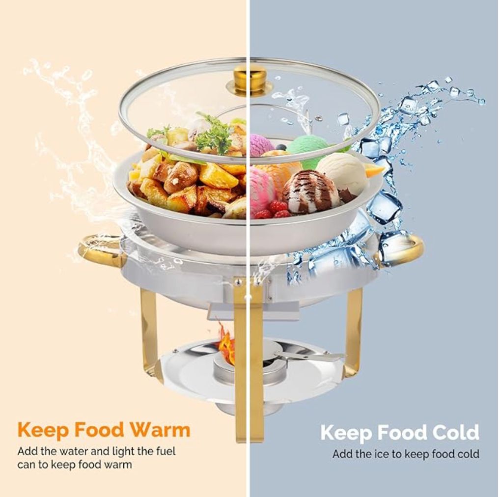 ROVSUN 5QT 2 Packs Chafing Dish Buffet Set Gold Accent, NSF Round Stainless Steel Buffet Warmer Chafers and Buffet Warmers Sets with Glass Lid & Lid Holder for Catering Events Parties Weddings Dinners