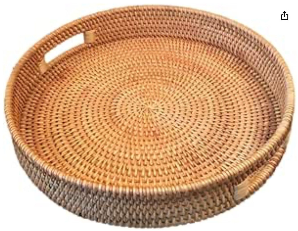 Surakey Round Rattan Woven Serving Tray with Handles Ottoman Tray for Breakfast, Drinks, Fruit, Snack for Coffee Table, Wicker Tray Serving Home Decorative (14 inch, Brown)