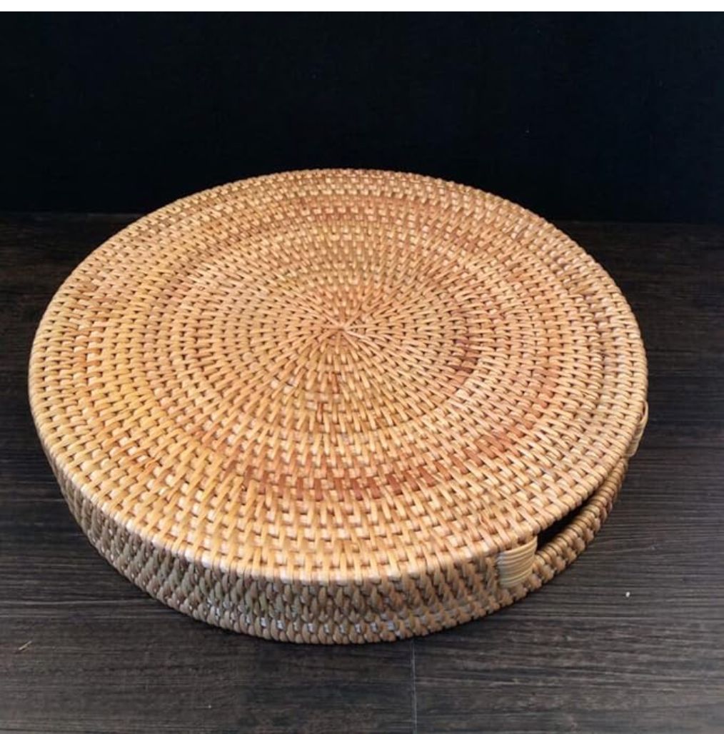 Surakey Round Rattan Woven Serving Tray with Handles Ottoman Tray for Breakfast, Drinks, Fruit, Snack for Coffee Table, Wicker Tray Serving Home Decorative (14 inch, Brown)