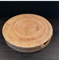 Surakey Round Rattan Woven Serving Tray with Handles Ottoman Tray for Breakfast, Drinks, Fruit, Snack for Coffee Table, Wicker Tray Serving Home Decorative (14 inch, Brown)