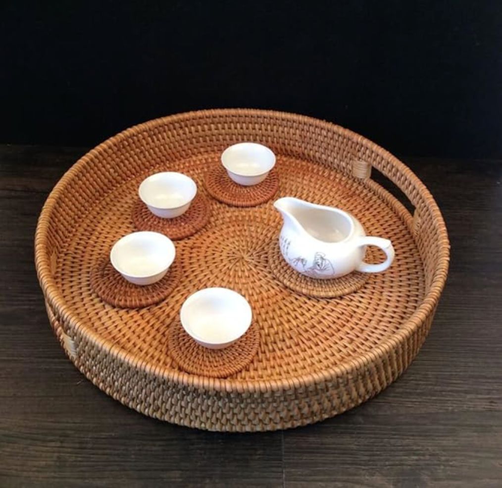 Surakey Round Rattan Woven Serving Tray with Handles Ottoman Tray for Breakfast, Drinks, Fruit, Snack for Coffee Table, Wicker Tray Serving Home Decorative (14 inch, Brown)