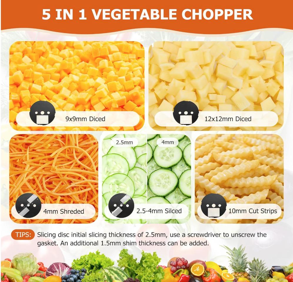 5-In-1 Electric Vegetable Chopper, Commercial Vegetable Slicer Food Processor Veggie Food Dicer with Slicing Shredding Striping for Onion Potato Cabbage Fruit Cutter Home Use