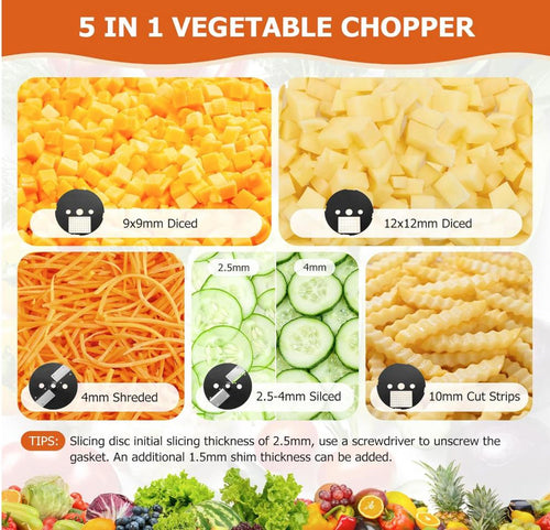 5-In-1 Electric Vegetable Chopper, Commercial Vegetable Slicer Food Processor Veggie Food Dicer with Slicing Shredding Striping for Onion Potato Cabbage Fruit Cutter Home Use