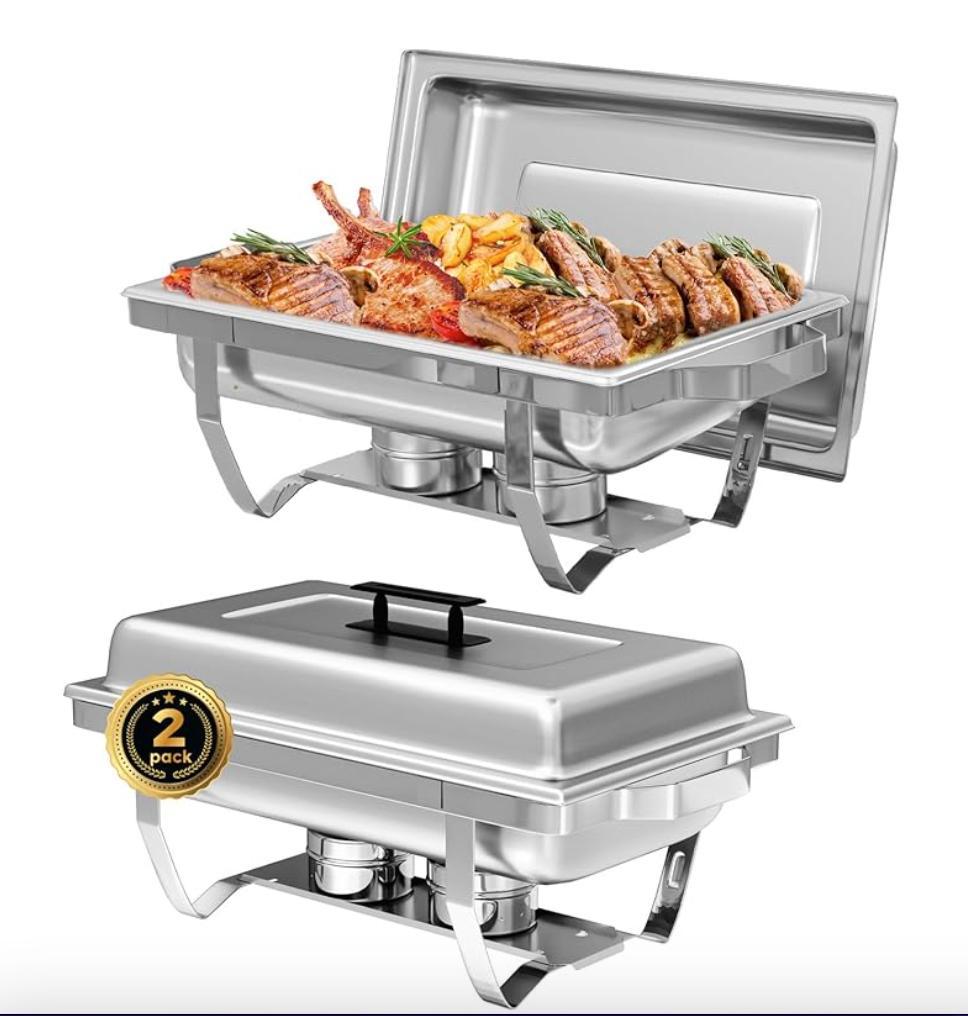 Chafing Dish Buffet Set of 2, 8QT Stainless Steel Rectangular Chafers and Buffet Warmer Sets for Catering, with Food & Water Pan, Lid, Foldable Frame, Fuel Holder for Event Party Holiday