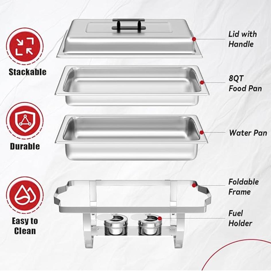 Chafing Dish Buffet Set of 2, 8QT Stainless Steel Rectangular Chafers and Buffet Warmer Sets for Catering, with Food & Water Pan, Lid, Foldable Frame, Fuel Holder for Event Party Holiday