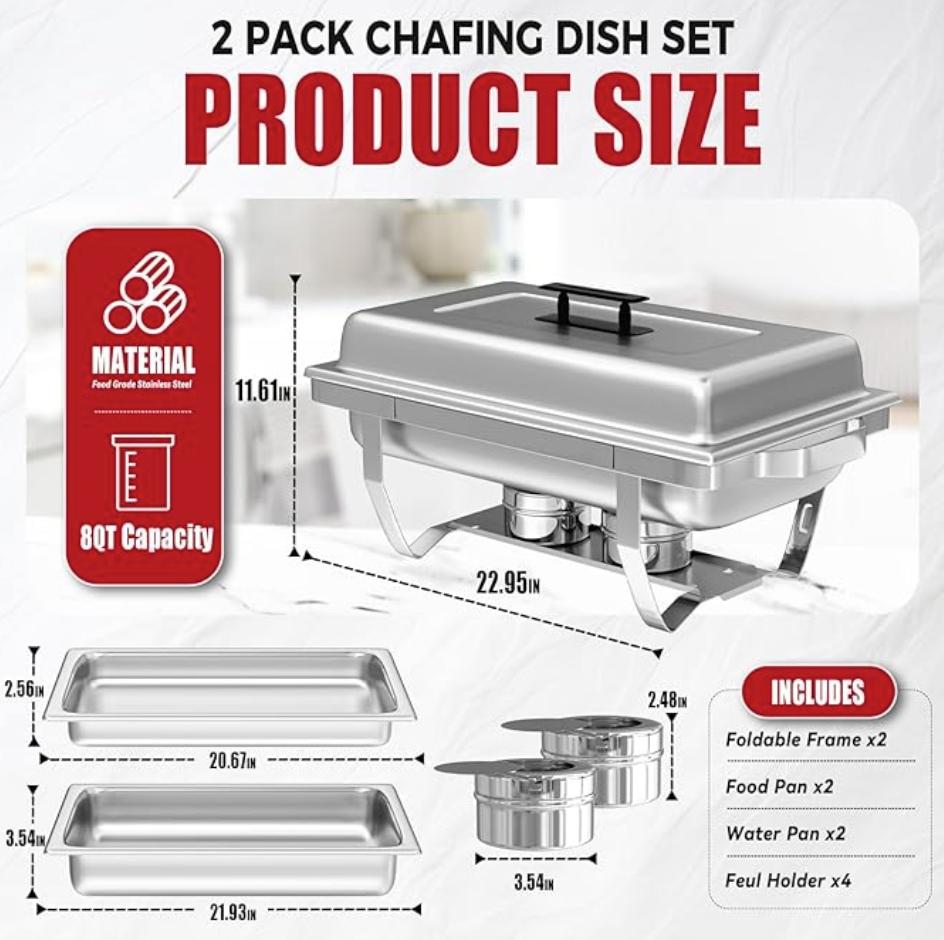 Chafing Dish Buffet Set of 2, 8QT Stainless Steel Rectangular Chafers and Buffet Warmer Sets for Catering, with Food & Water Pan, Lid, Foldable Frame, Fuel Holder for Event Party Holiday