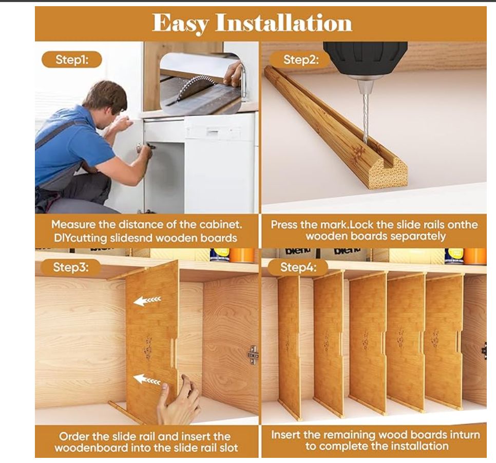 bimiti 6 Pieces Wood Cabinet Dividers with 12 Slideways & 36 Screws for Easy DIY Install & Clean – Kitchen Cabinet Organizers for Baking Sheets, Utility Rooms, Bathrooms
