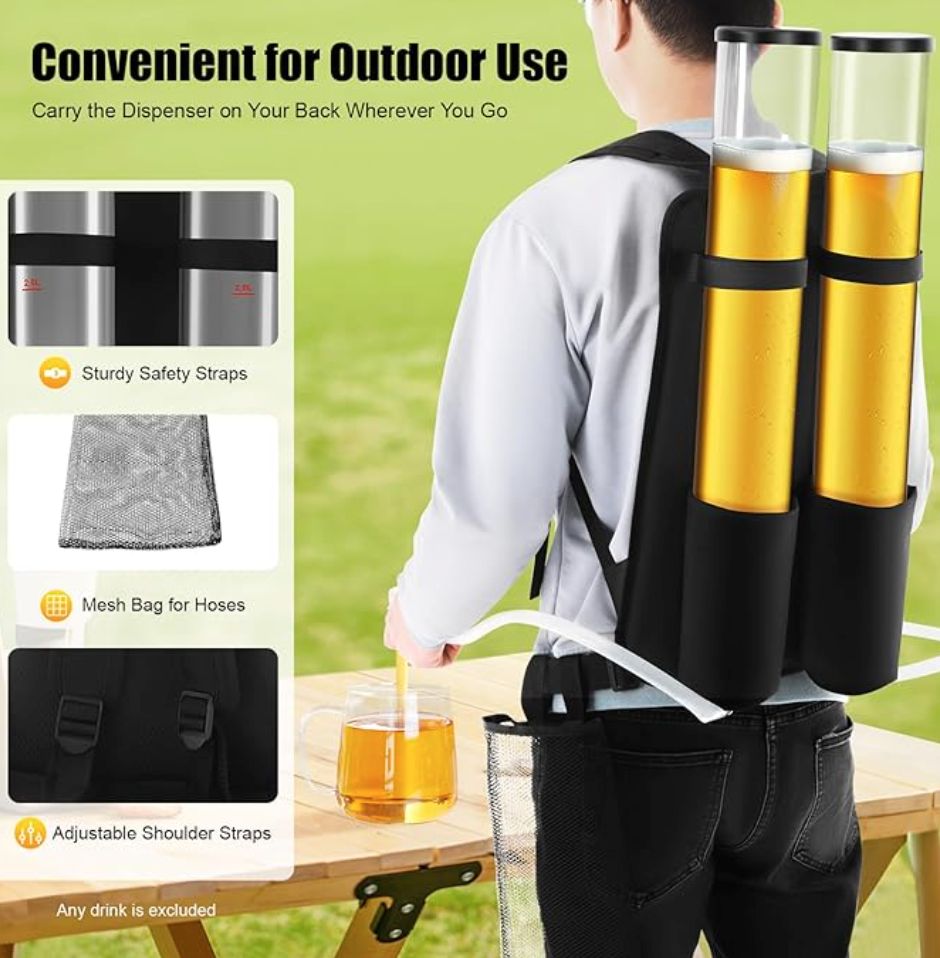 Dual Tank Backpack Drink Dispenser, Dual Barrel Portable Backpack Dispenser, Beer Machine Double Tub Beverage Machine, Dual Faucet Beer Tower, for Party Outdoor