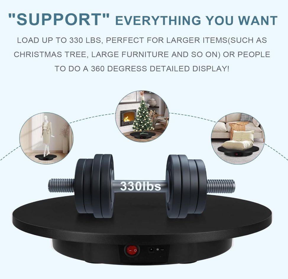 Motorized Rotating Display Stand, Angle Speed Adjustable Electric Rotating Turntable, 360 Degree 330 Lbs Load Auto Rotating Platform for Photography Big Size Products Display Video Show, Wired Black