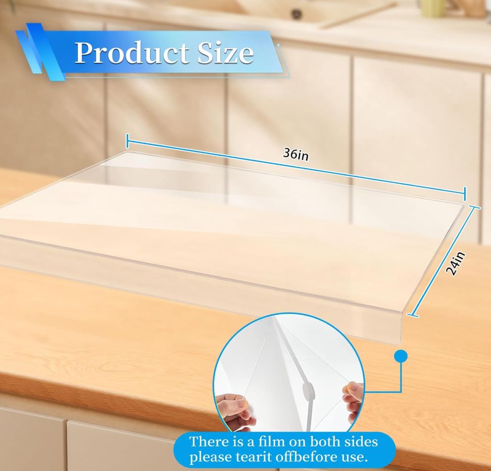 Renyqatt Large Acrylic Cutting Board with Counter Lip, 36 x 24 Inch Clear Cutting Board for Kitchen Countertop, Non Slip Protector Cover Shatter Resistant for Home Restaurant Kitchen Sink Stove