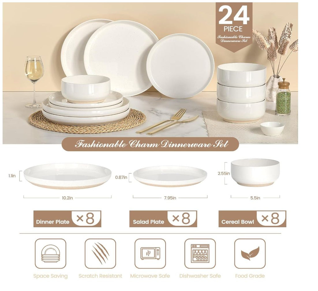 Plates and Bowls Sets, Scratch Resistant Dinnerware Sets for 8, 24 Pieces Porcelain Ceramic Dishware Dishes Set, Modern Stoneware Kitchen Dinner Set, Microwave and Dishwasher Safe, Cream White