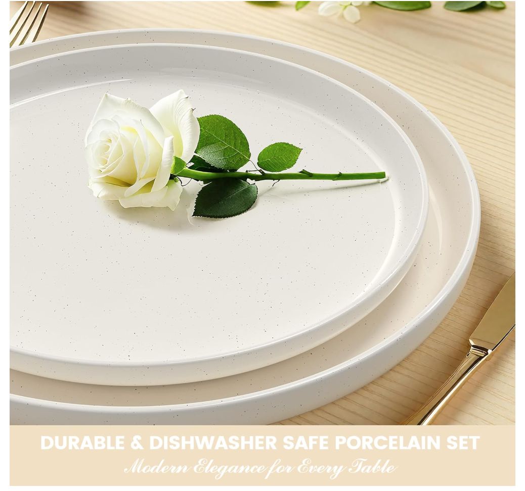 Plates and Bowls Sets, Scratch Resistant Dinnerware Sets for 8, 24 Pieces Porcelain Ceramic Dishware Dishes Set, Modern Stoneware Kitchen Dinner Set, Microwave and Dishwasher Safe, Cream White
