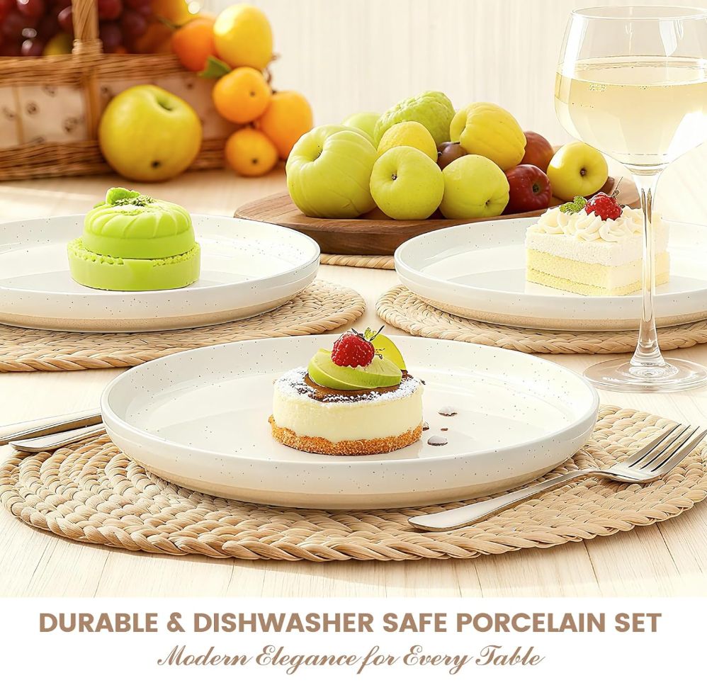 Plates and Bowls Sets, Scratch Resistant Dinnerware Sets for 8, 24 Pieces Porcelain Ceramic Dishware Dishes Set, Modern Stoneware Kitchen Dinner Set, Microwave and Dishwasher Safe, Cream White