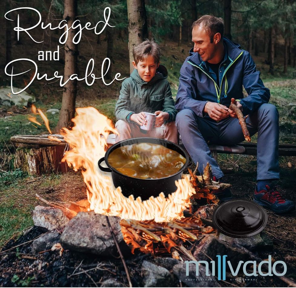 Millvado Granite 12 Qt Stockpot, Nonstick Soup Pot With Lid, Speckled Enamel Ware Cookware, Large Stock Pot For Boiling and Cooking, Big Granite Cooking Pot for Stovetop, Campfire, Outdoor Stove