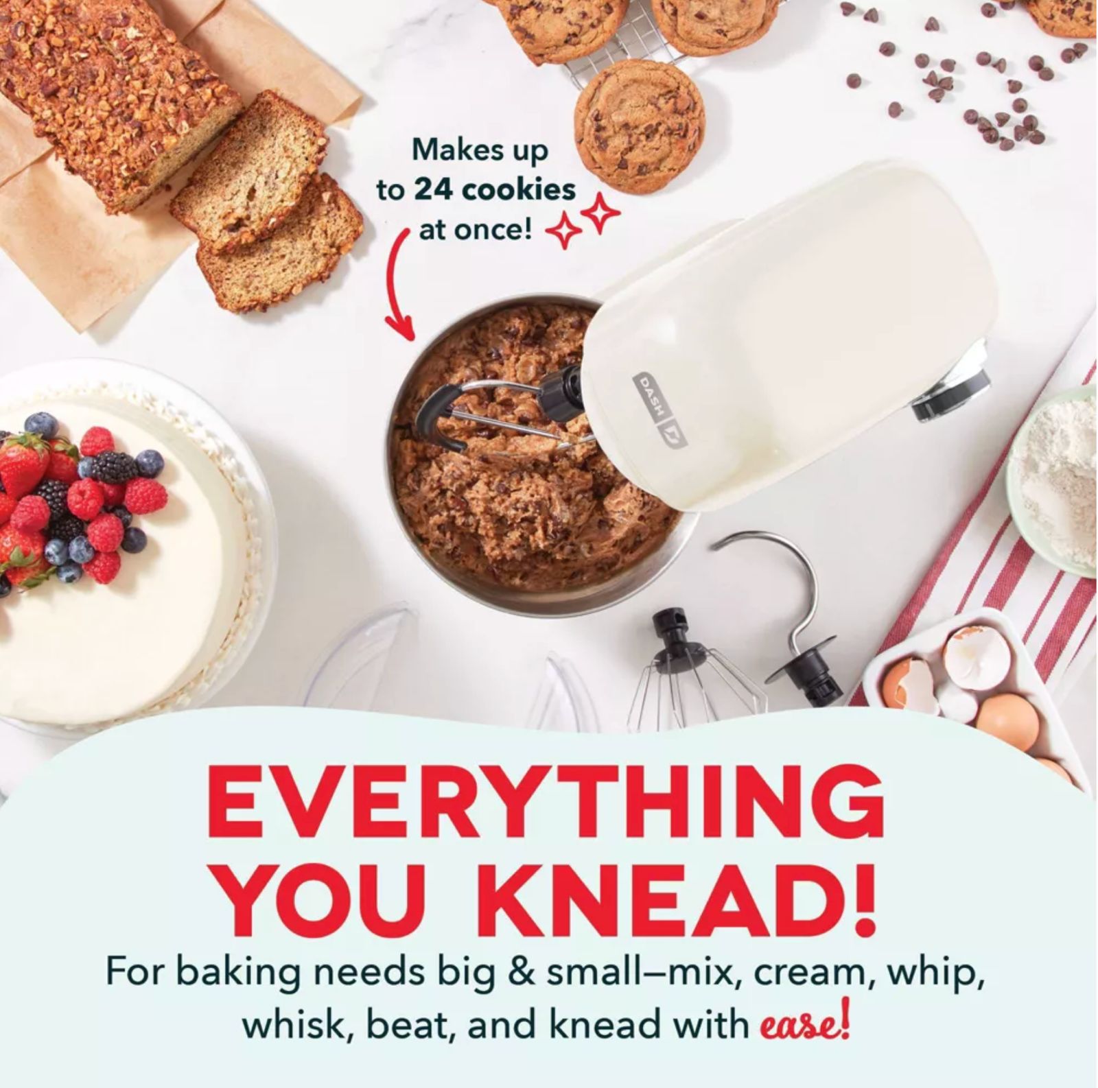 Dash Tilt Head 3.5qt 12-Speed Stand Mixer with 3 Attachments Cream