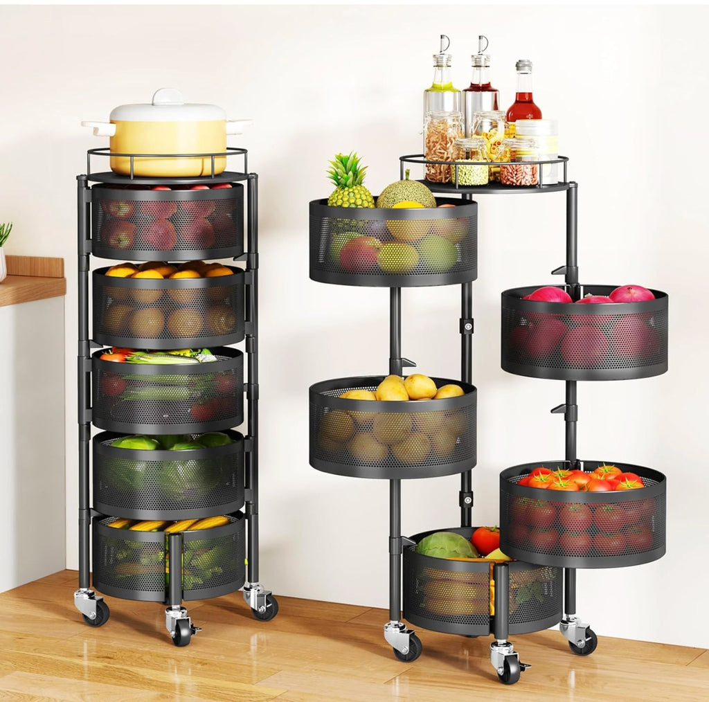 SAYZH Fruit Vegetable Basket for Kitchen, Rotating Storage Rack, 5 Tier Rolling Cart with top lid, Large Metal Wire Wheels, Black