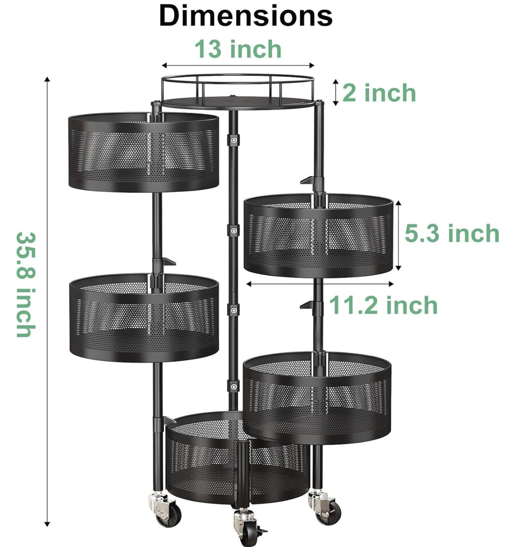 SAYZH Fruit Vegetable Basket for Kitchen, Rotating Storage Rack, 5 Tier Rolling Cart with top lid, Large Metal Wire Wheels, Black