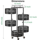 SAYZH Fruit Vegetable Basket for Kitchen, Rotating Storage Rack, 5 Tier Rolling Cart with top lid, Large Metal Wire Wheels, Black