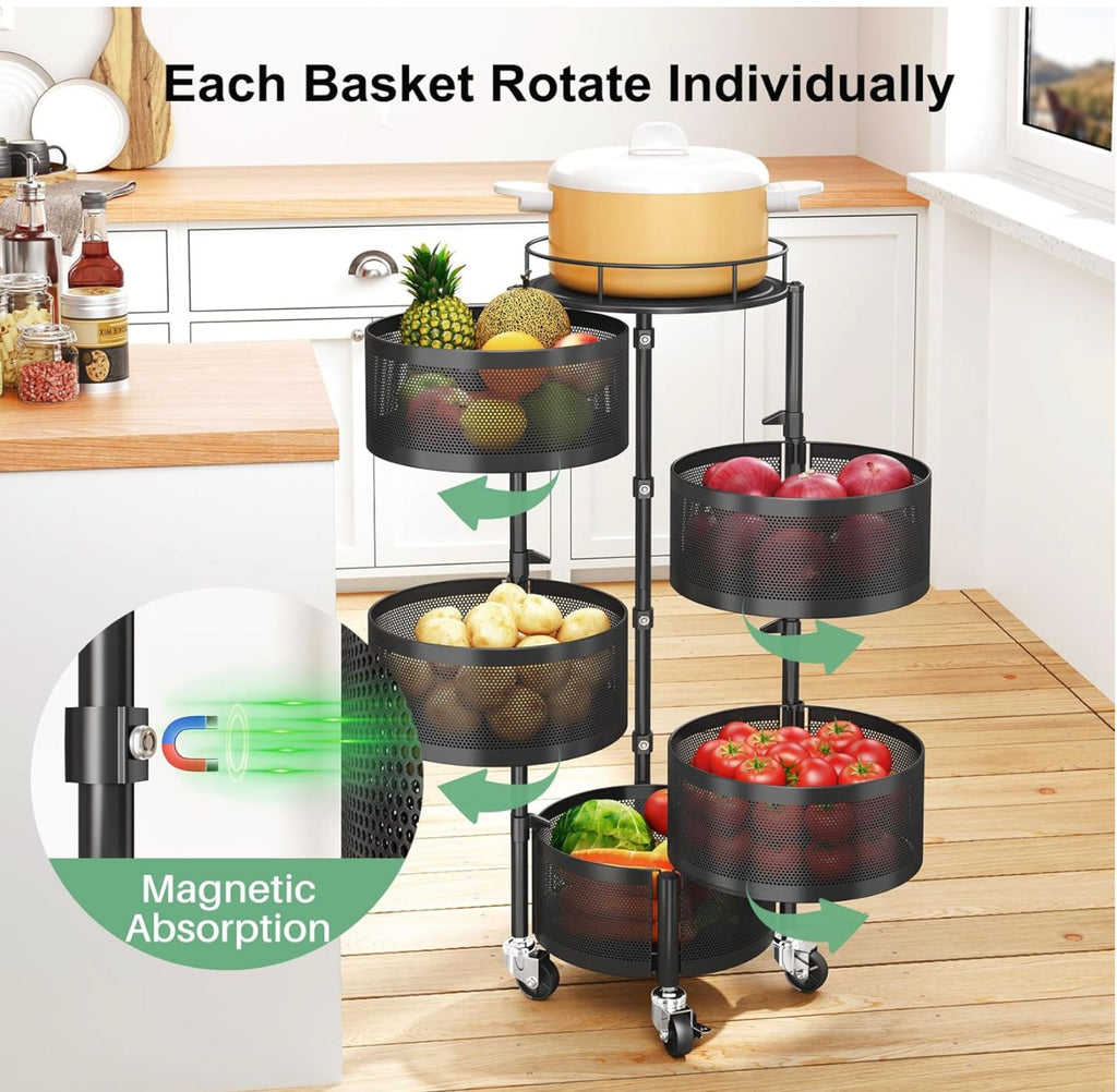 SAYZH Fruit Vegetable Basket for Kitchen, Rotating Storage Rack, 5 Tier Rolling Cart with top lid, Large Metal Wire Wheels, Black